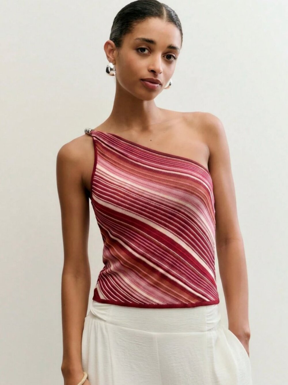 Missoni Style Pink Wave Knit Beaded One-Shoulder Top